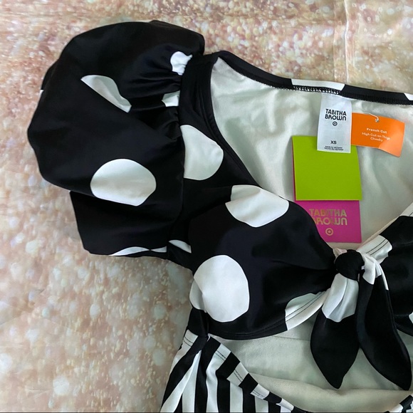 Striped Dot Print Puff Sleeve Tie Front One Piece Swimsuit Tabitha Brown NWT - Picture 13 of 16